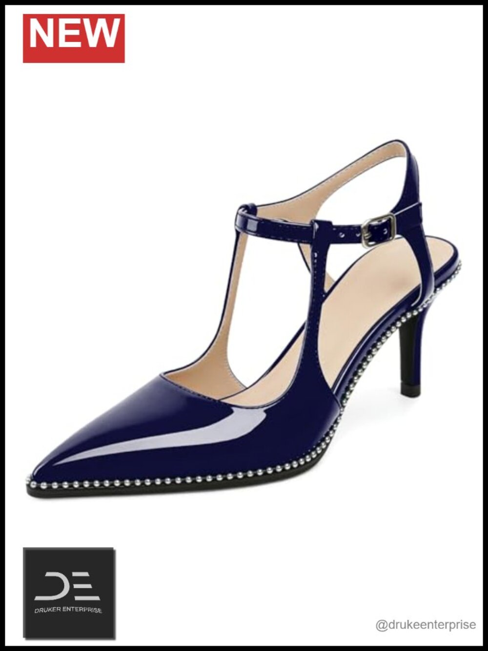 Beaded Pointed Toe Kitten Heels Patent Faux Leather Ankle Strap 2.5 Inch